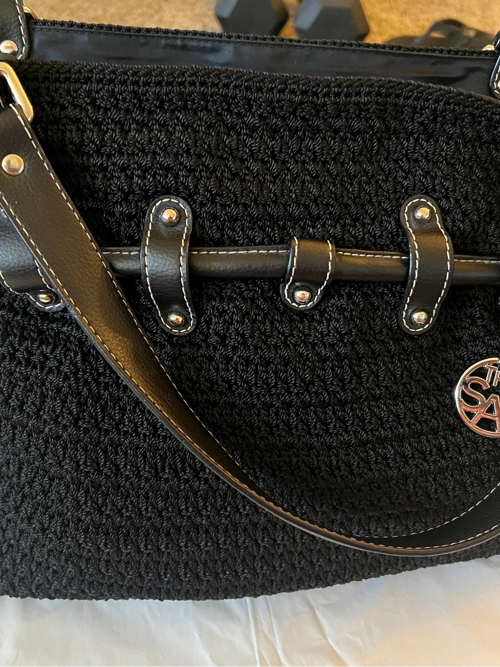 The Sak Black Crochet Shoulder Bag with Leather Trim